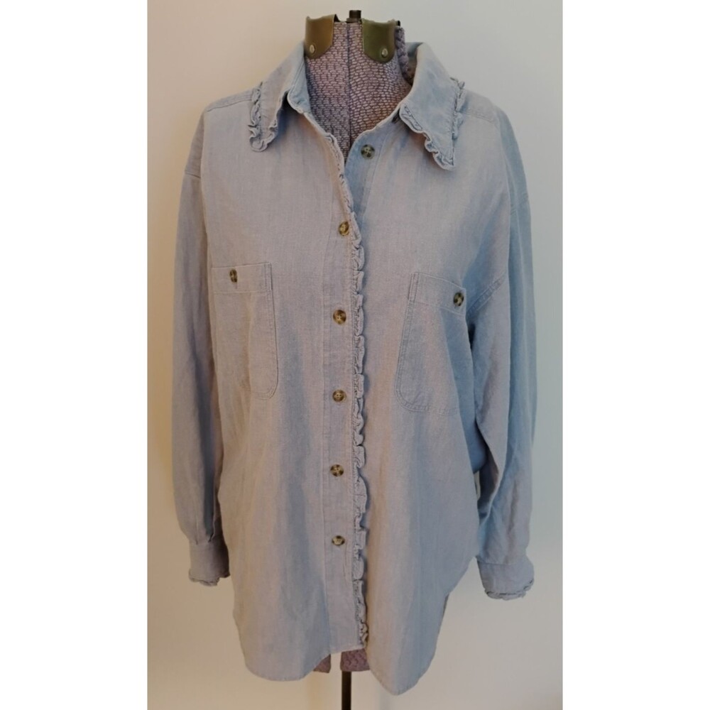 Vtg Leslie Faye Shirt Top Ruffled Collar Chambray Denim Button Up L/XL Cottage
